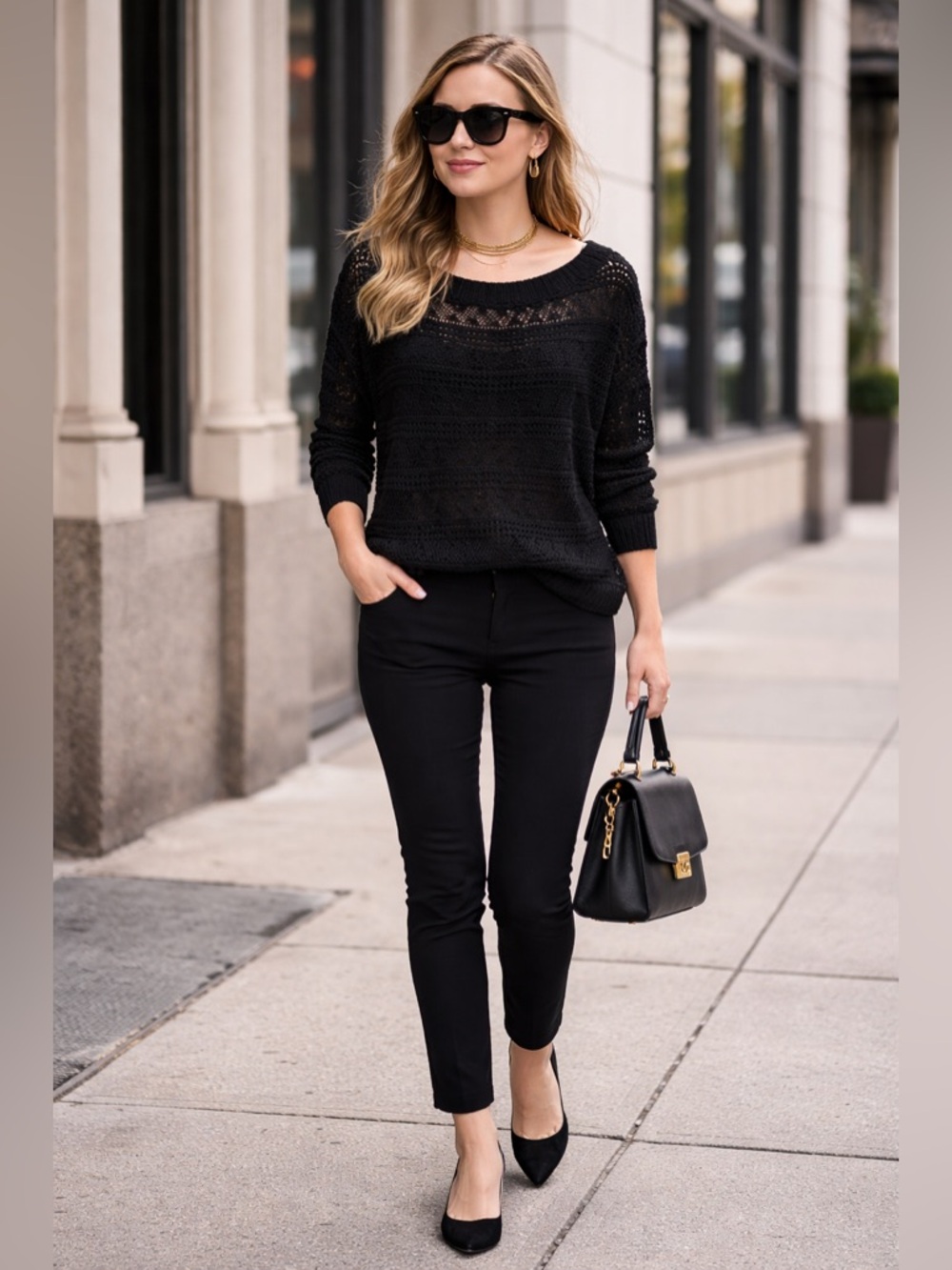 EXPRESS Women's Black Open-Knit 3/4 Sleeves Sweater L